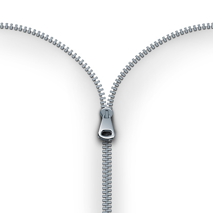 Zipper concept as an open interlocking metal fastener on clothing or garment textile as a symbol for revealing a message or discovery isolated on a white blank background.