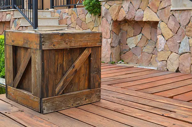 A photo of a wooden box on wooden floor.