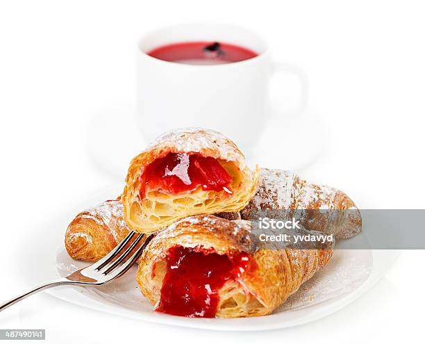 Croissants And Cup Of Tea Stock Photo - Download Image Now - Baked, Baked Pastry Item, Bakery