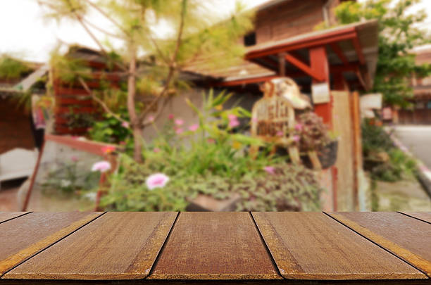 istock Blurred vintage backyard garden background with perspective wood 487490200