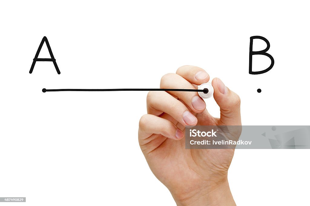 From point A to point B Hand drawing a line from point A to point B. Letter B Stock Photo