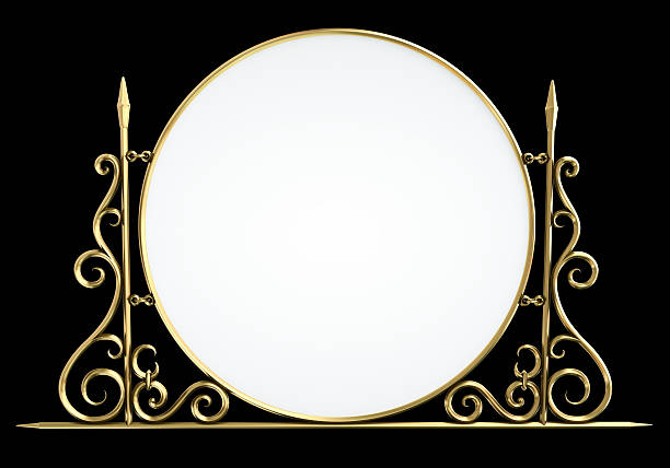 Old style circular sign with gold frame and ornaments isolated on a black background. Can be used as banner or mirror. 3D rendered illustration. 