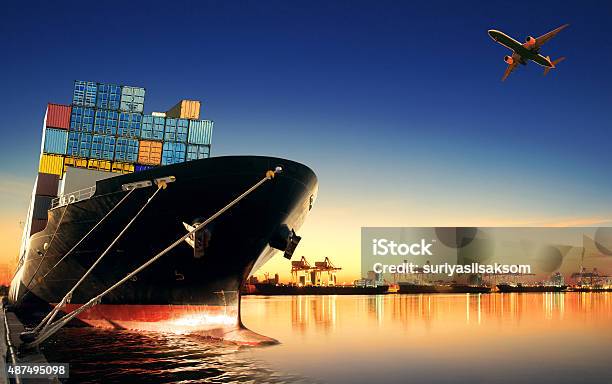 Container Ship At Port And Cargo Plane Stock Photo - Download Image Now - Freight Transportation, Ship, Airplane