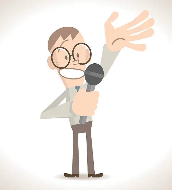 Vector illustration of Businessman speaking with microphone, giving a presentation