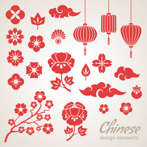 illustrazioni stock, clip art, cartoni animati e icone di tendenza di icone decorativo cinese, nuvole, fiori e luci cinese - chinese lantern