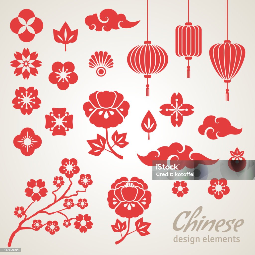 Chinese Decorative Icons, Clouds, Flowers and Chinese Lights Chinese Decorative Icons - Clouds, Flowers and Chinese Lights. Vector Illustration. Sakura Branch. Peony Flowers. Chinese Lantern. Flower stock vector