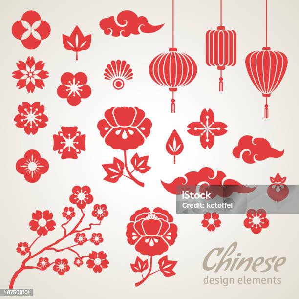 Chinese Decorative Icons Clouds Flowers And Chinese Lights Stock Illustration - Download Image Now