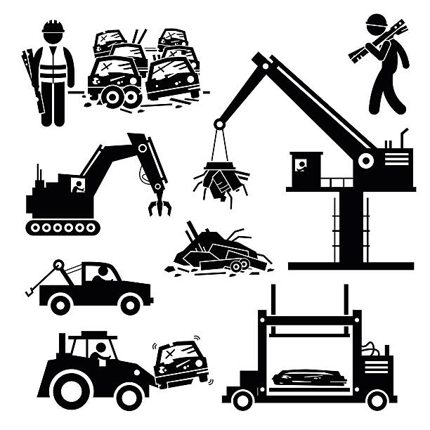 ilustrações, clipart, desenhos animados e ícones de junkyard restos de metal jardim pictogram lixo de aço car - silhouette crane construction construction site