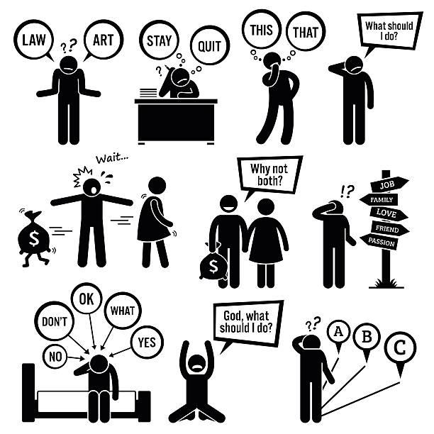 Man Thinking about Decisions Human pictogram stick figures showing a man having a hard time deciding on what to choose and do because these decisions are his junction of life. sighing stock illustrations