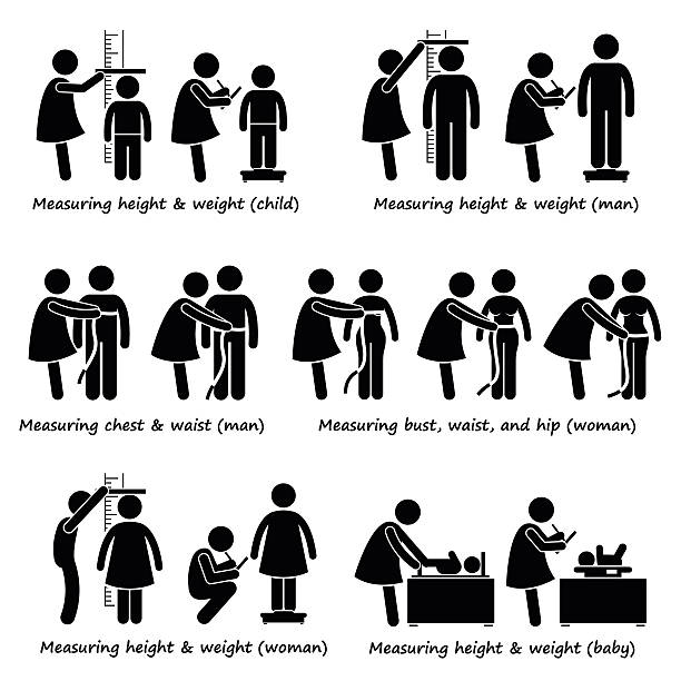 Measuring Body Height, Weight, and Size Human pictogram stick figures showing people measuring height, weight, size for baby, children, man, and woman. short length stock illustrations
