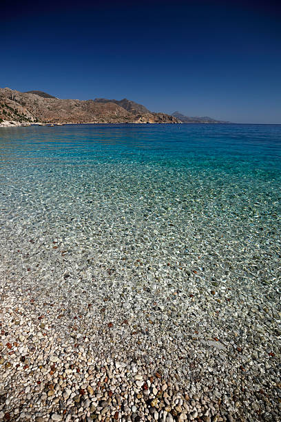 Colors of Apella pebbled beach with crystalline water on Greek's island of Karpathos. Photo taken with polarizing filter on a bright sunny day.