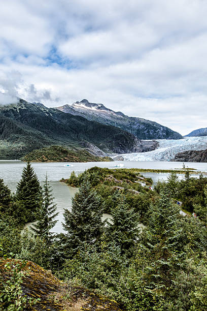 glaciar de mendenhall y lago en juneau, alaska - glaciar de mendenhall fotografías e imágenes de stock