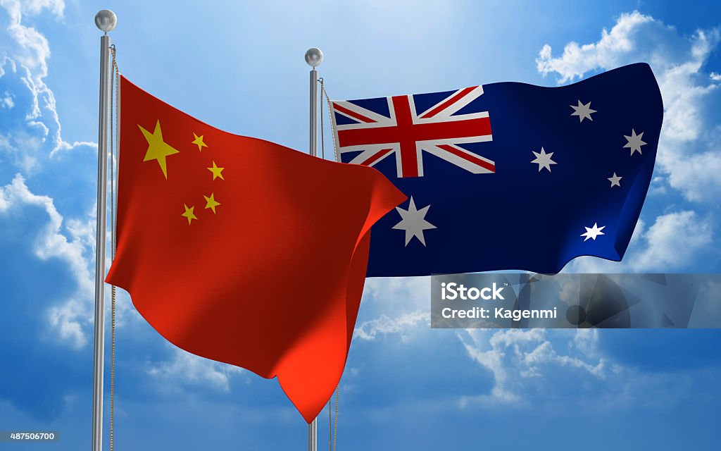 China and Australia flags flying together for diplomatic talks Flags from China and Australia flying side by side for important talks. China - East Asia Stock Photo