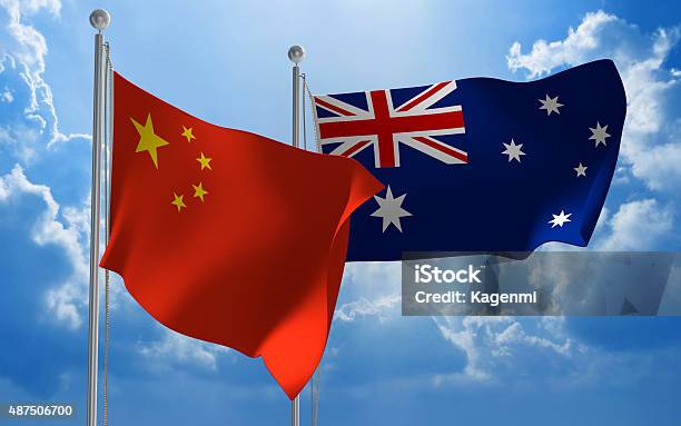China And Australia Flags Flying Together For Diplomatic Talks Stock Photo - Download Image Now