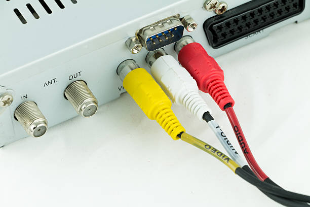 istock Person connecting AV cables at the back of device 487511911