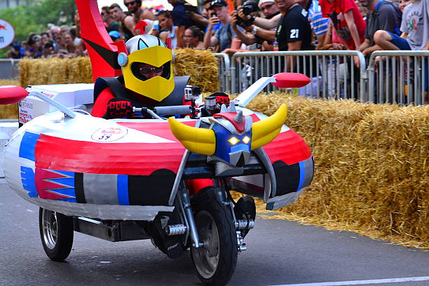 Montreal Red Bull Soapbox Race Montreal, Canada - September 06, 2015: Montreal Red Bull Soapbox Race in Montreal Downtown.A lot of fun and ingenious ideas.Number 39 team. red bull mini stock pictures, royalty-free photos & images