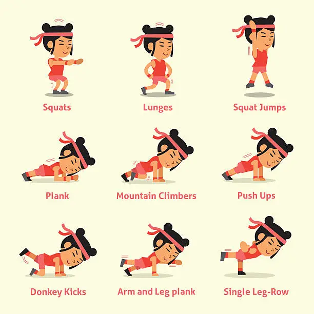 Vector illustration of Cartoon set of woman doing exercises for health