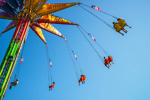 St. Paul, Minnesota, USA - September 4, 2015: People riding on the Sky Flyer Giant Swing Ride at Minnesota State Fair in St. Paul Minnesota. This ride rises high into the air before rotating, swinging fair-goers for a 360 degree view.