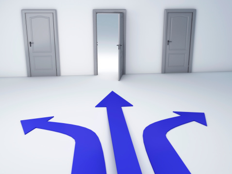 choice Open door in a row of the closed doors 3d illustration