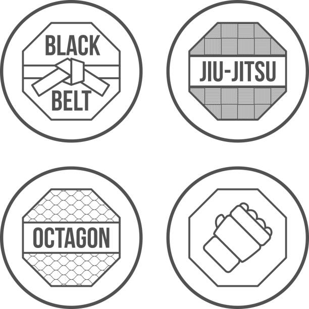 mma 스포츠 아이콘 세트. 여윔 꺾은선형 있습니다. 벡터 - mixed martial arts combative sport jiu jitsu wrestling stock illustrations