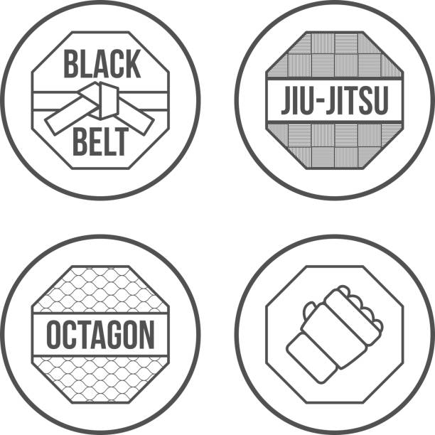 mma спорт иконки набор.  тонкая линия стиля.  вектор - mixed martial arts combative sport jiu jitsu wrestling stock illustrations
