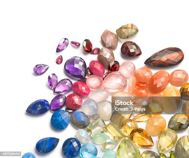 Multicolored Natural Gems On The White Background Stock Photo - Download Image Now - Gemstone, 2015, Amethyst