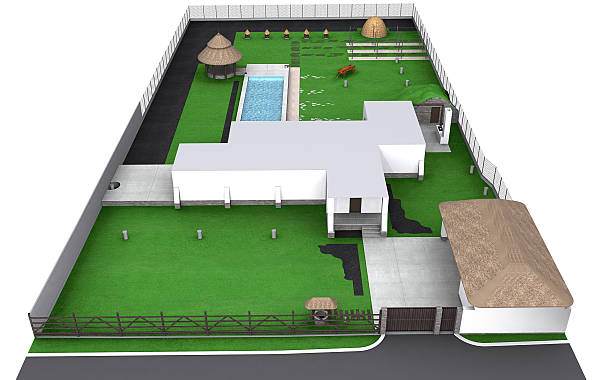 istock Landscaping country style front yard aerial view, 3D render 487527764