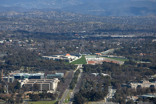 Parliament House aerial view in the bush capital.