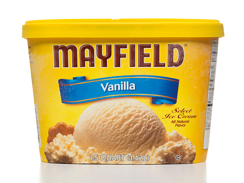 Miami, USA - August 25, 2015: Mayfield vanilla ice cream 1.5 quart jar. Mayfield brand is owned by Mayfield Dairy Farms.