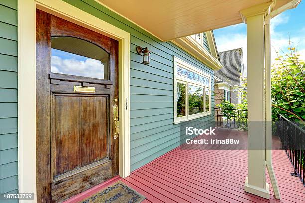 Entrance Porch With Railings Stock Photo - Download Image Now - Architecture, Blue, Brown