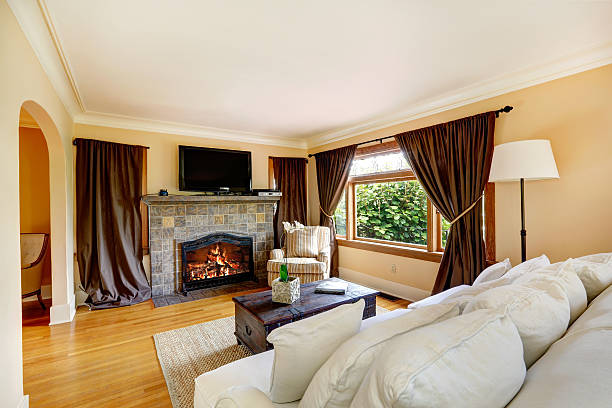 istock Living room with fireplace and TV 487533969