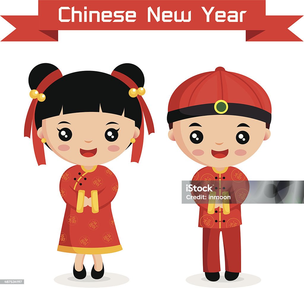 Cartoon Chinese Kids Cartoon of Chinese Boy & Girl, chinese New Year Teenage Girls stock vector