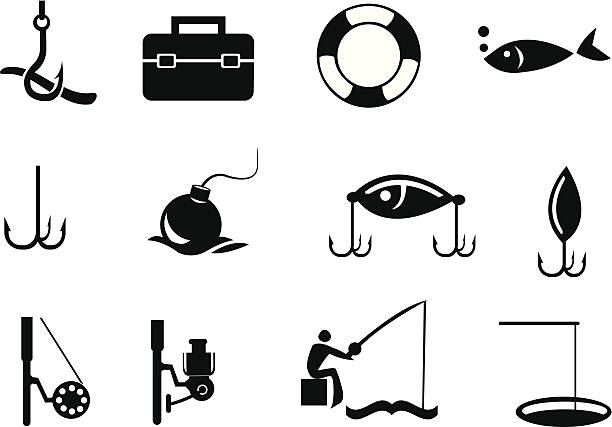 ilustraciones, imágenes clip art, dibujos animados e iconos de stock de pesca de iconos negros sobre fondo blanco - corcho-de-pesca