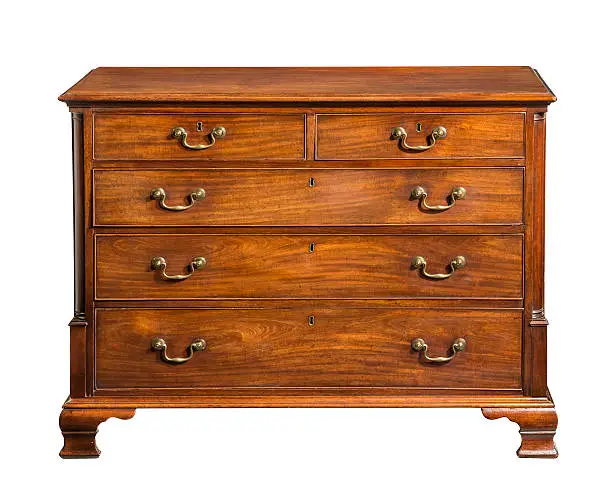 old vintage antique chest of drawers mahogany wood isolated on white.