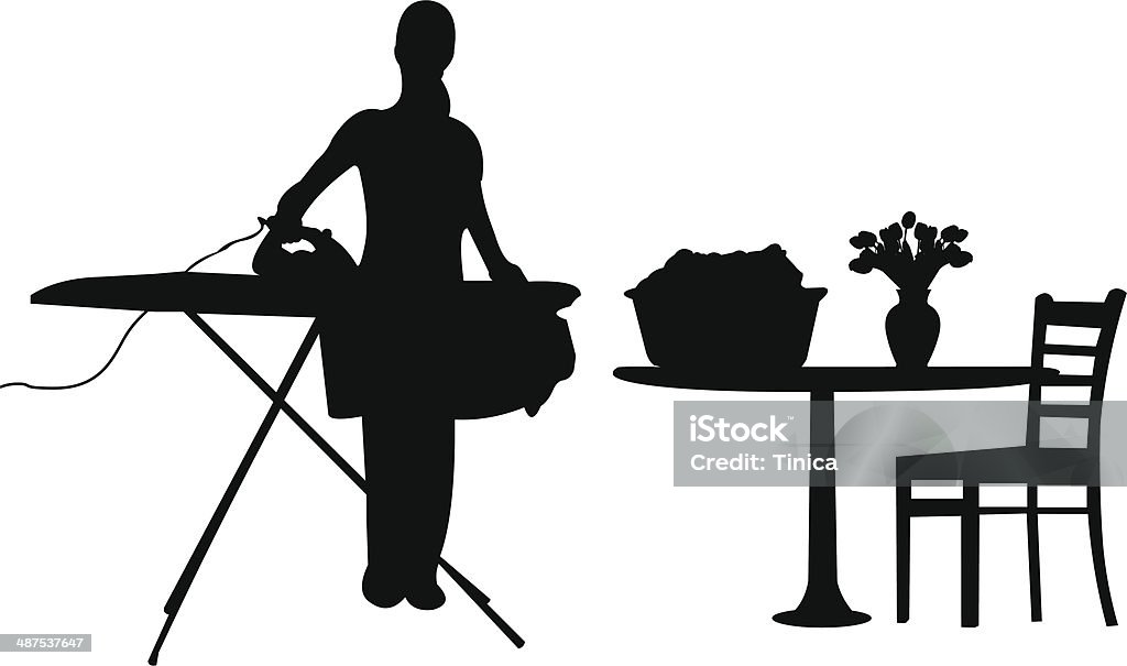 Young woman irons clothing in room silhouette Young woman irons clothing in room silhouette. Vector illustration Adult stock vector
