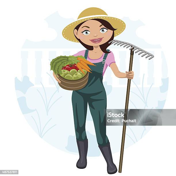 Mujer Trabajando En El Huerto - Immagini vettoriali stock e altre immagini di Giardino pubblico - Orto - Giardino pubblico - Orto, Verdura - Cibo, Adulto