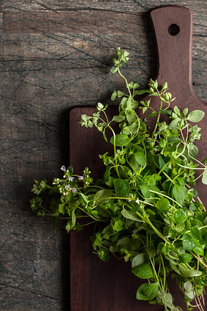 istock Oregano on the kitchen board on the old dark table vertical 487537872