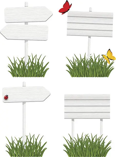 Vector illustration of Set of wooden signboards in green grass