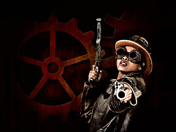 Steampunk Girl with Pistols Steampunk girl with flintlock pistols.http://i41.photobucket.com/albums/e260/ckublanski/SteampunkImages.jpg steampunk pistol pictures stock pictures, royalty-free photos & images