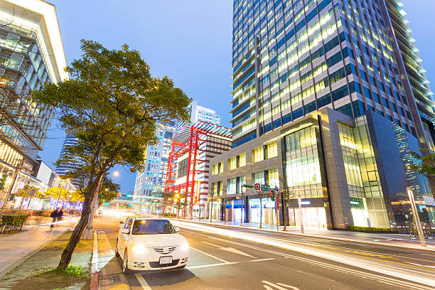 istock Car light trails and urban landscape in modern city 487539507