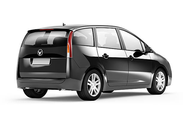 istock Back View Studio Shot Of 3D Black Sedan Car 487539909