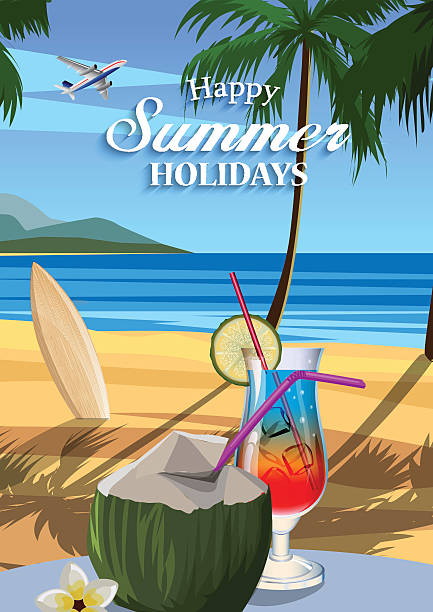 istock Happy summer holidays. Illustration with coconut and tropical cocktails on 487548736