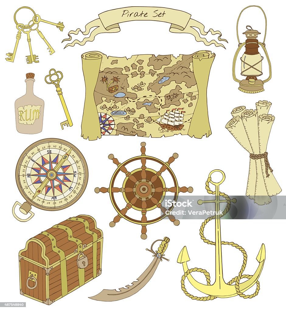 Colorful design set with pirate objects Colorful design set with map, compass, lamp, anchor, wheel, trunk and other pirate theme objects, with hand drawn elements Map stock vector