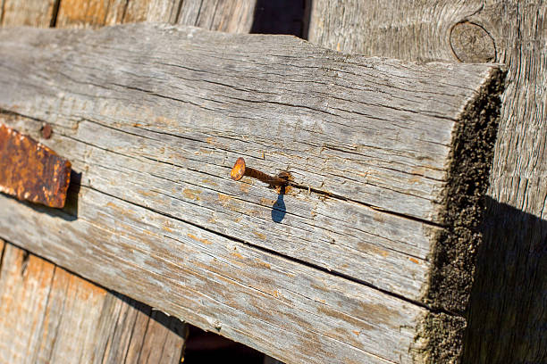 istock Rusty nail on a wooden old door 487548920
