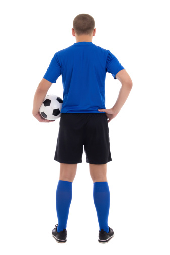 back view of soccer player in blue uniform isolated on white background