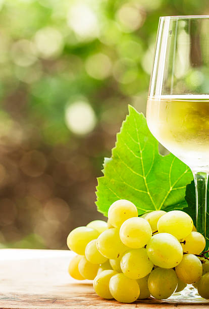 istock Coid white wine and green grapes on natural blurred background 487552016