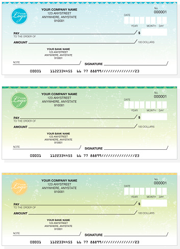 Set of generic company check or cheque designs. Easy to customize. Area for your own logo. Use for placeholder image in your design layout. Features same layout, different color combinations.