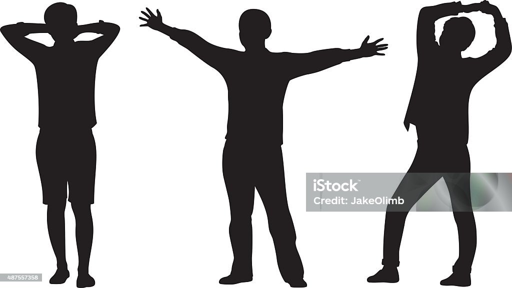 Young Men Stretching Arms Silhouettes Vector silhouettes of young men standing and stretching their arms. Embracing stock vector