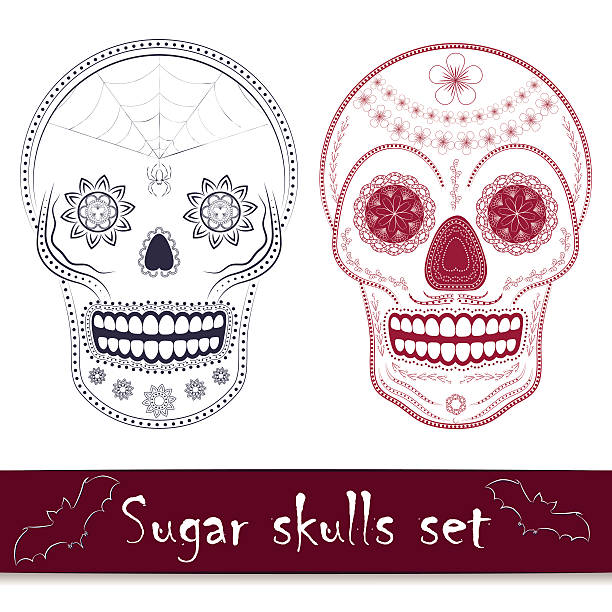 Mexican sugar skull vector illustration set Day of the dead mexican sugar skull vector illustration set. Line art design elements spider tribal tattoo stock illustrations