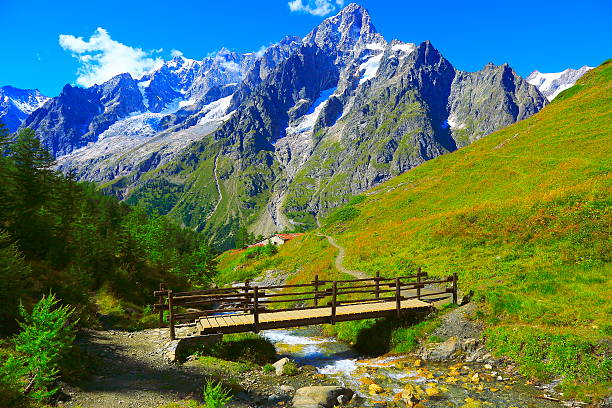 Alpine paradise! Mont Blanc landscape meadow, bridge, trail, Aosta Mont Blanc alpine landscape meadow and pinnacles, Aosta Valley - Courmayeur, Italian Alps. aiguille de midi photos stock pictures, royalty-free photos & images